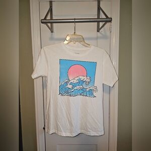 Mighty Fine White Tee with Blue and Pink Wave Design